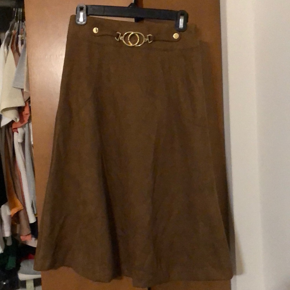 Marc New York brown faux suede fit and flare skirt with gold buckle detail
